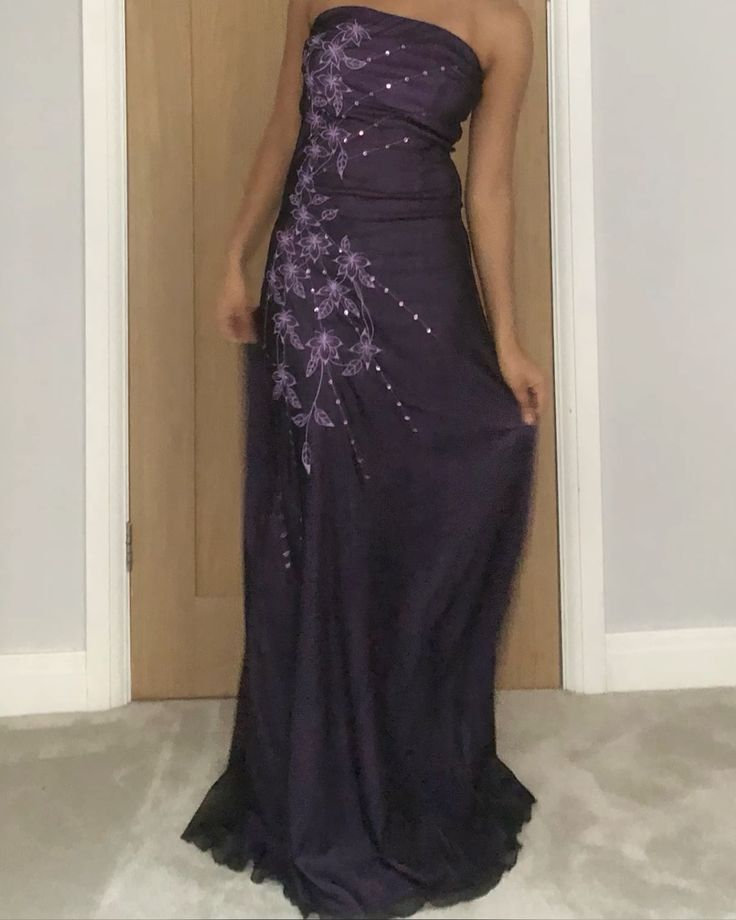 Vintage Strapless Purple Chiffon Satin Beaded Long Birthday Prom Dress Evening Gown - View 2 | FashionDia