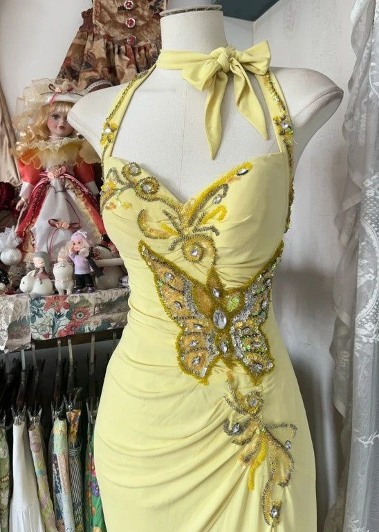 Elegant Yellow Halter Satin Beaded Sequins Evening Dress,Long Mermaid Party Prom Dress - View 3 | FashionDia