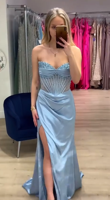 Classy Strapless Blue Satin Beaded Slit Mermaid Party Dress Long Prom Dress - FashionDia