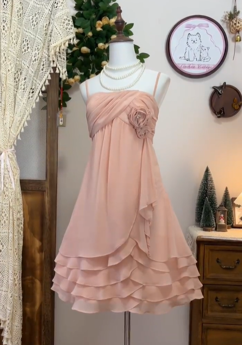 Pretty Rose Pink Spaghetti Straps Layered Chiffon Homecoming Dress Cocktail Dress