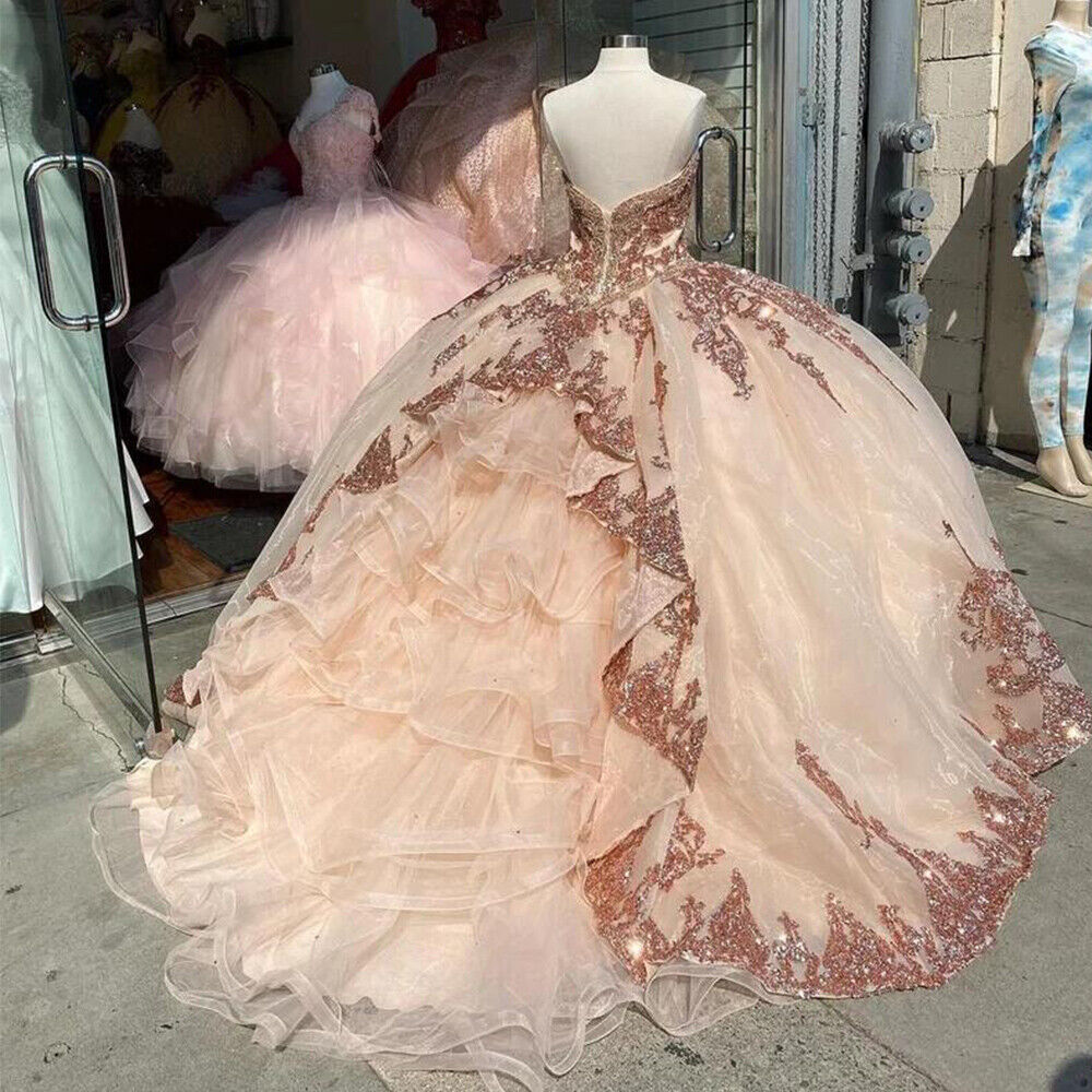Rose Gold Sweet 16 Quinceanera Dresses Sequins Appliques Sweetheart Ball Gowns Y401 - View 2 | VelvetHem