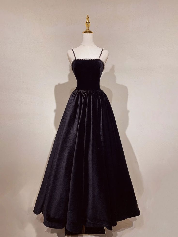 Aline Black Velvet Long Prom Dress, Black Formal Graduation With Beading - FashionDia