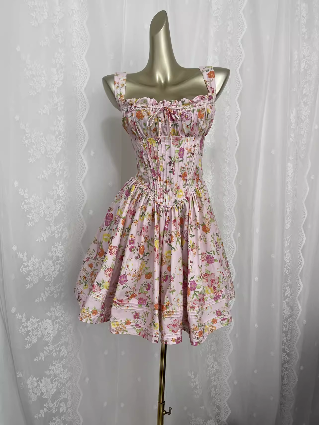Vintage A line Straps Floral Travel Vacation Floral Beach Dress Short Birthday Dress