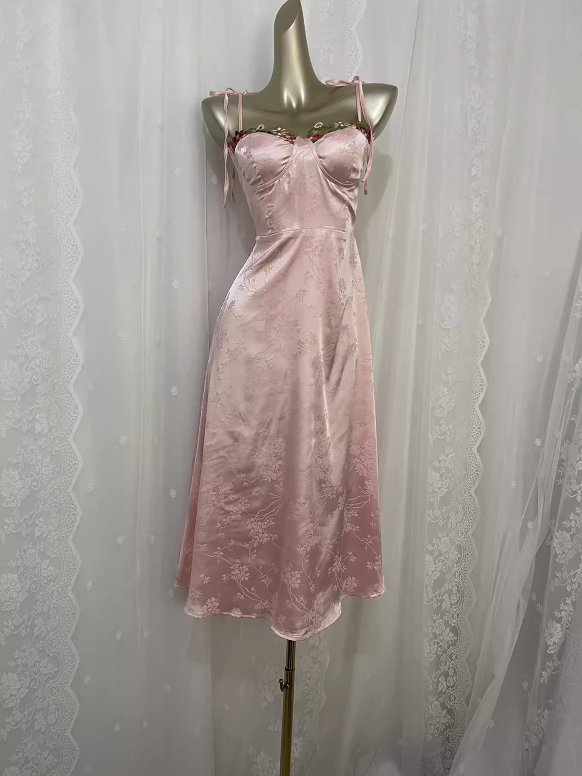 Sexy A-Line Spagetti Straps Pink Satin Floral Vacation Dress Birthday Dresses - FashionDia