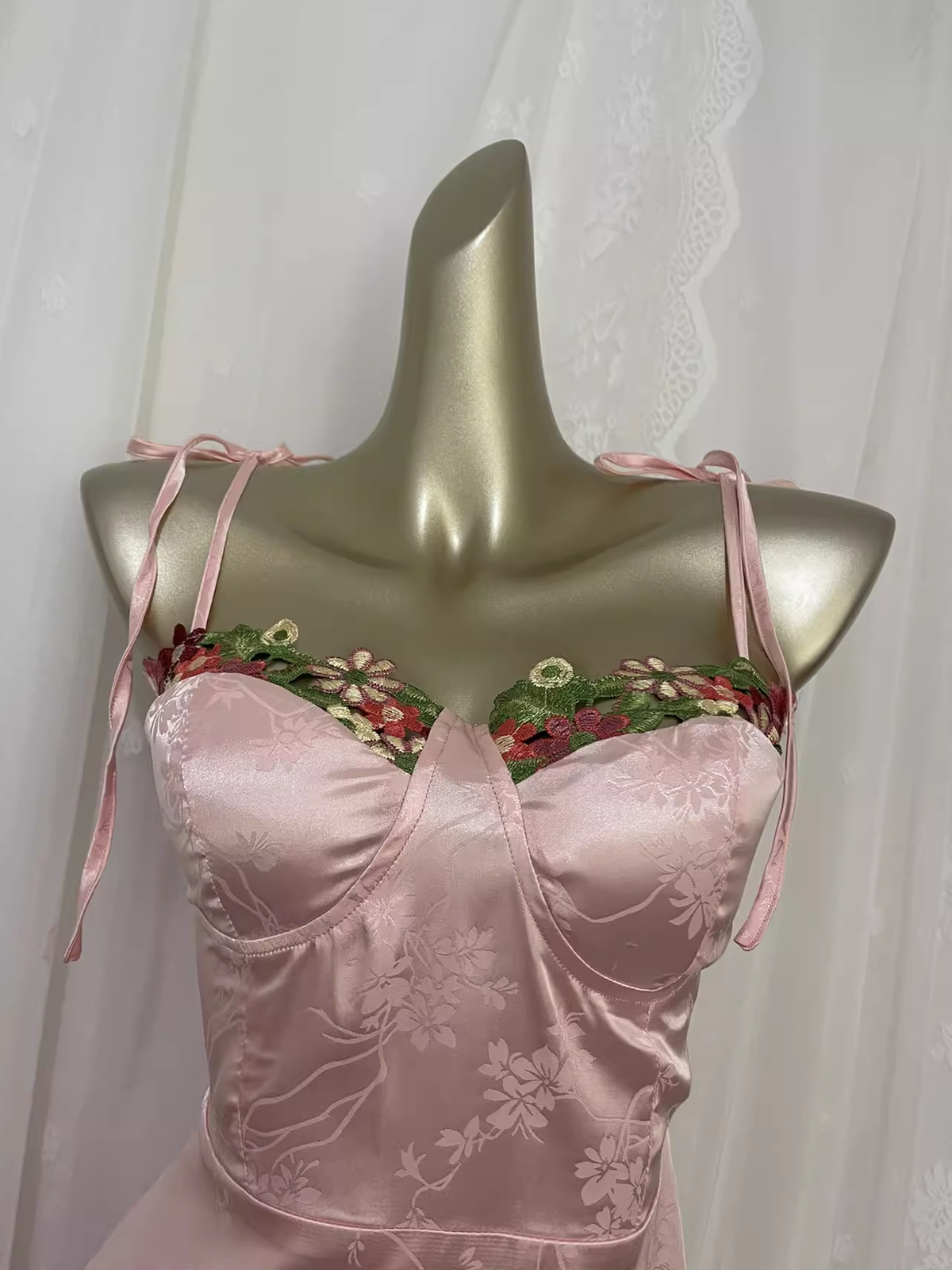 Sexy A-Line Spagetti Straps Pink Satin Floral Vacation Dress Birthday Dresses - View 5 | FashionDia