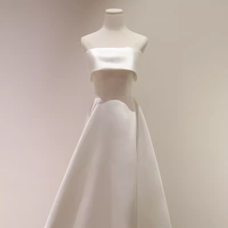 Simple A-Line Strapless Satin Ivory Wedding Dresses - View 2 | FashionDia