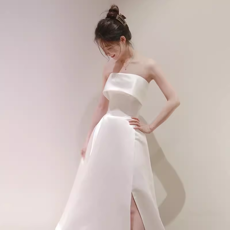 Simple A-Line Strapless Satin Ivory Wedding Dresses - View 5 | FashionDia