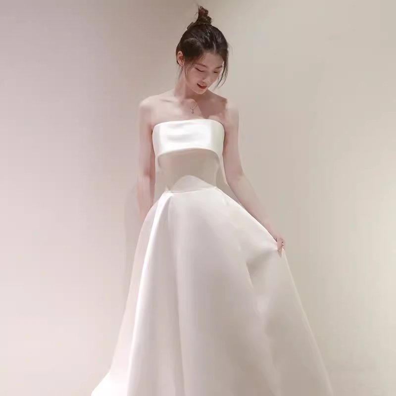 Simple A-Line Strapless Satin Ivory Wedding Dresses - View 6 | FashionDia