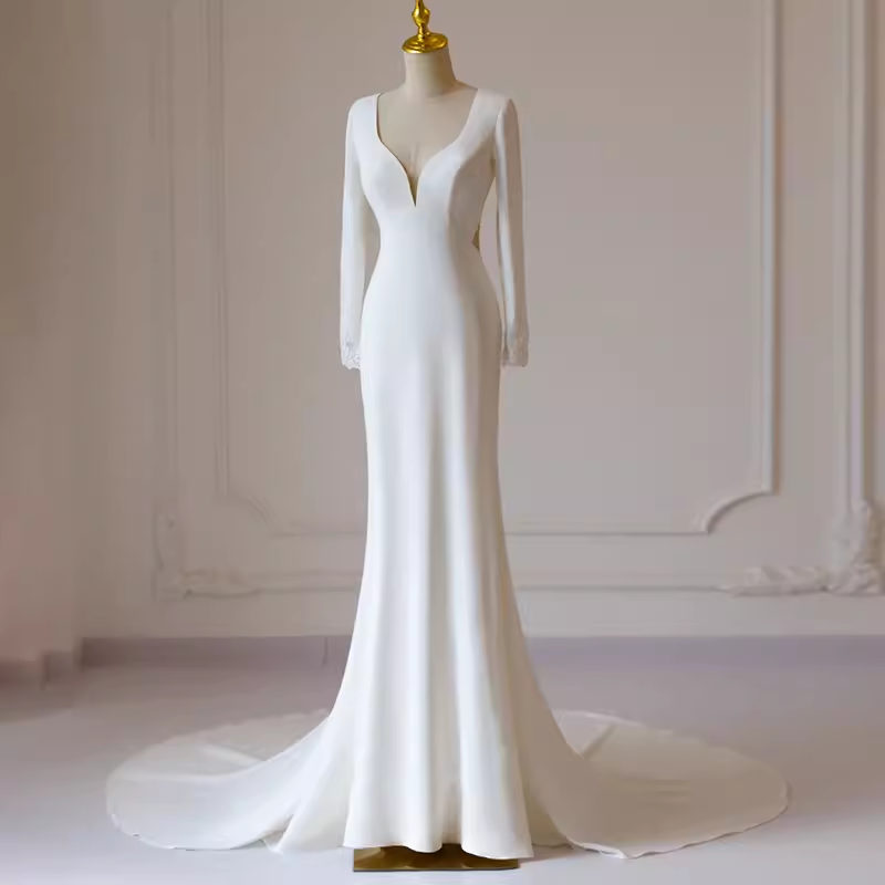 Simple Mermaid V Neckline Satin Ivory Long Sleeves Wedding Dresses