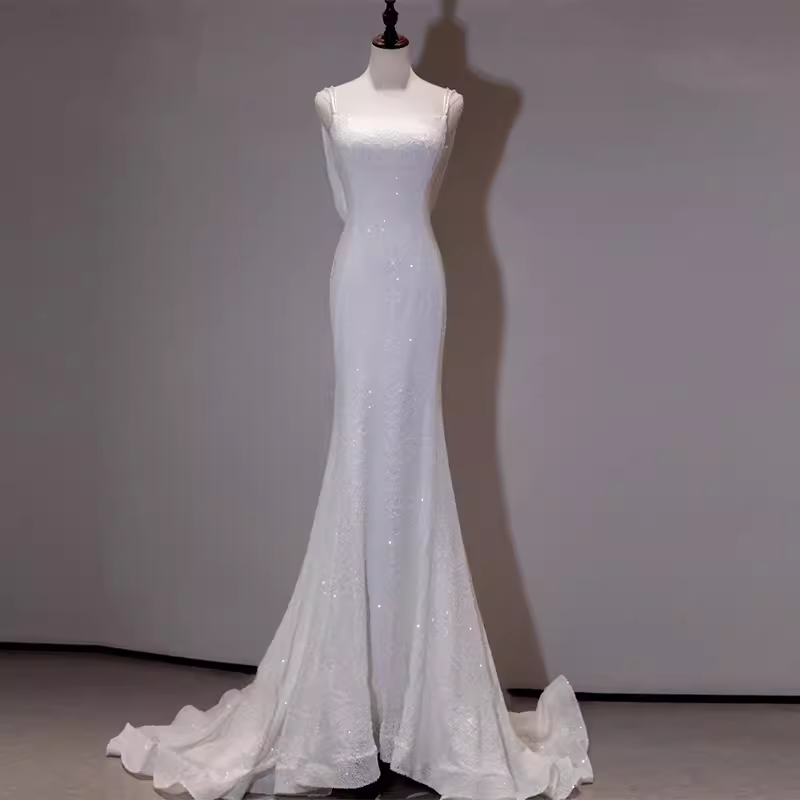 Simple Mermaid Spaghetti Straps Sequin White Long Wedding Dresses