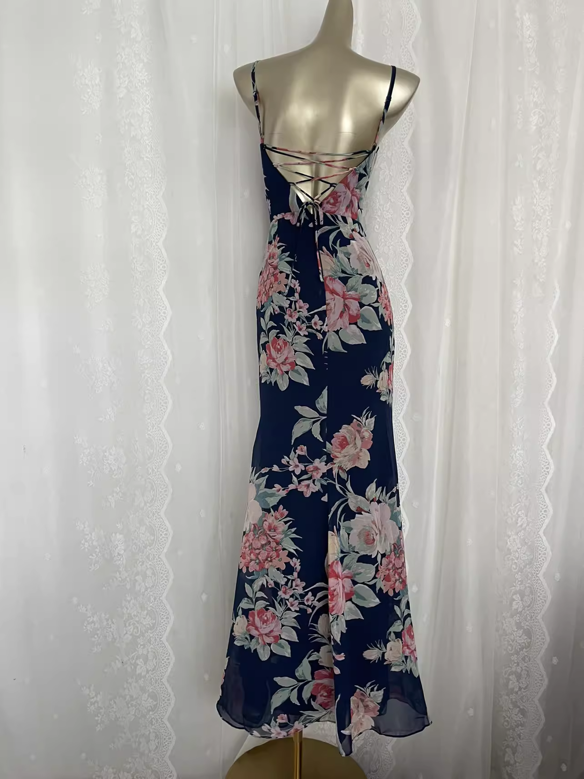 Vintage Sheath Spaghetti Straps Blue Rose Travel Vacation Floral Beach Dress Long Dress - View 2 | FashionDia
