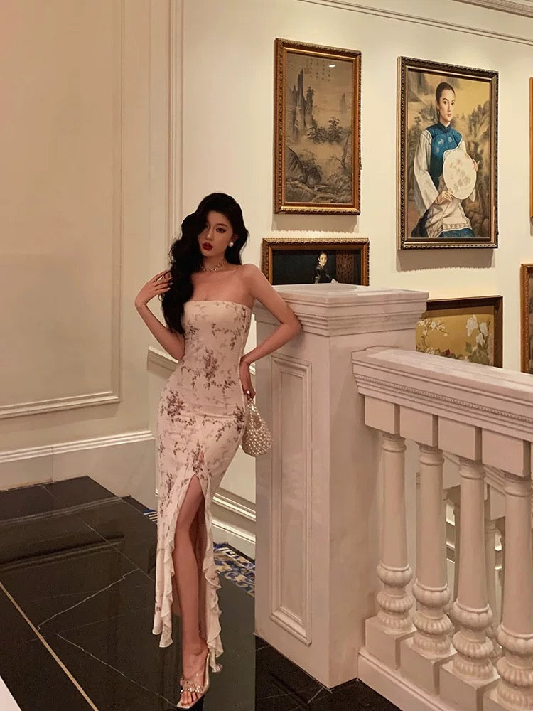 Classy Sheath Strapless Floral Ivory Long Prom Dresses Birthday Outfits Evening Gown - FashionDia