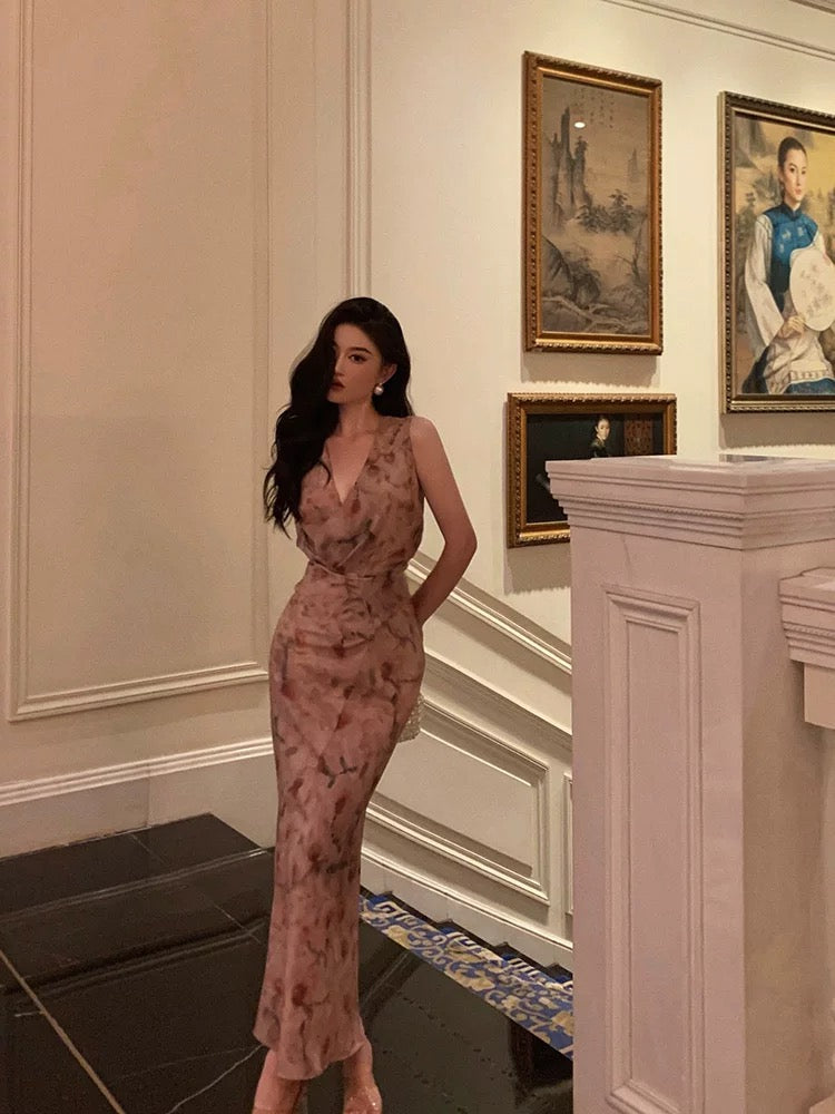 Sexy Sheath V Neckline Long Pink Floral Prom Dresses Birthday Outfits Evening Gown - View 5 | FashionDia