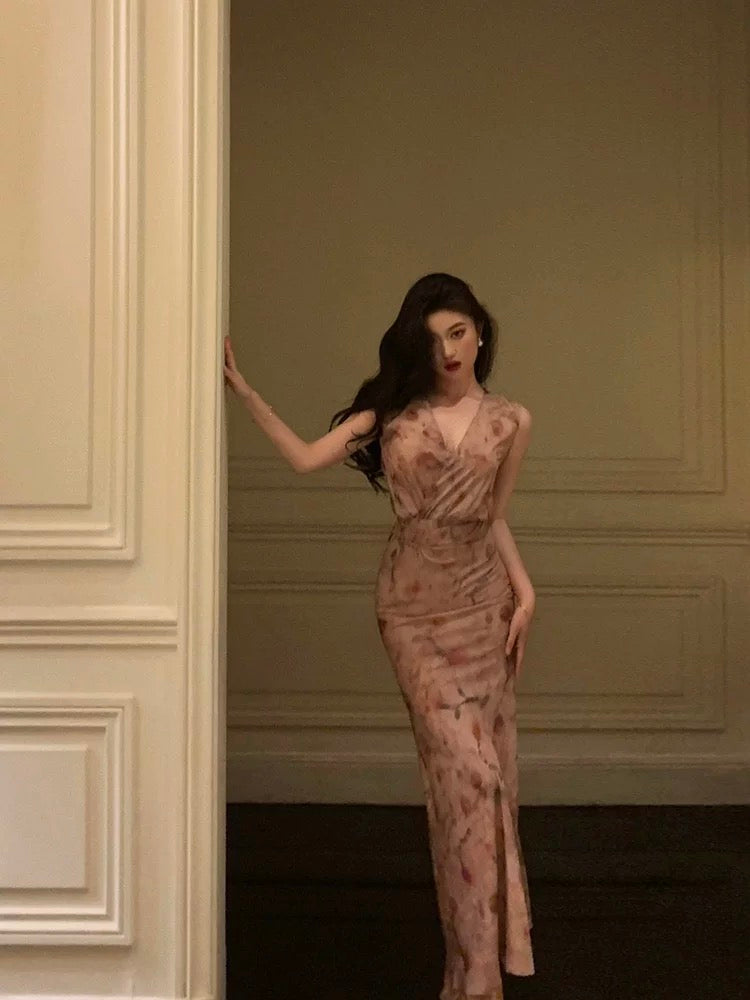 Sexy Sheath V Neckline Long Pink Floral Prom Dresses Birthday Outfits Evening Gown - View 3 | FashionDia