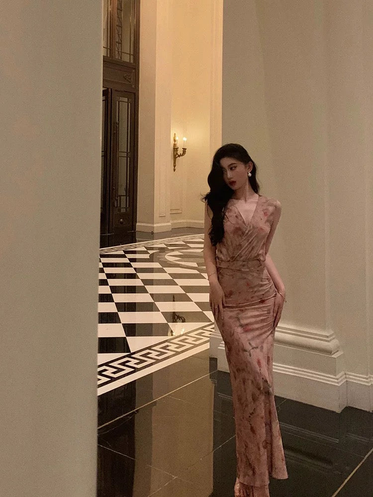 Sexy Sheath V Neckline Long Pink Floral Prom Dresses Birthday Outfits Evening Gown - View 2 | FashionDia