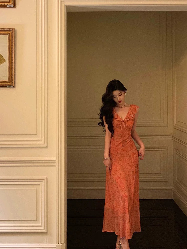 Classy A-Line V neckline Orange Chiffon Long Prom Dresses Birthday Outfits Evening Gown - View 5 | FashionDia