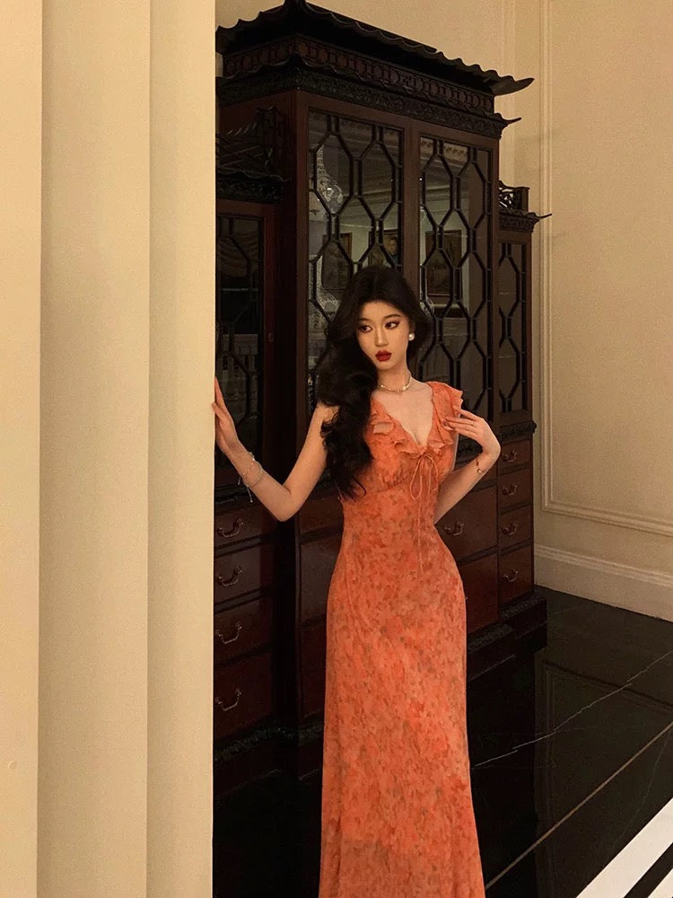 Classy A-Line V neckline Orange Chiffon Long Prom Dresses Birthday Outfits Evening Gown - View 3 | FashionDia