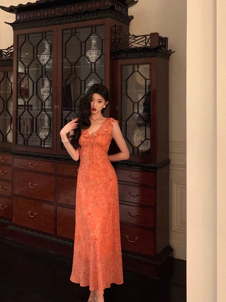 Classy A-Line V neckline Orange Chiffon Long Prom Dresses Birthday Outfits Evening Gown - View 4 | FashionDia