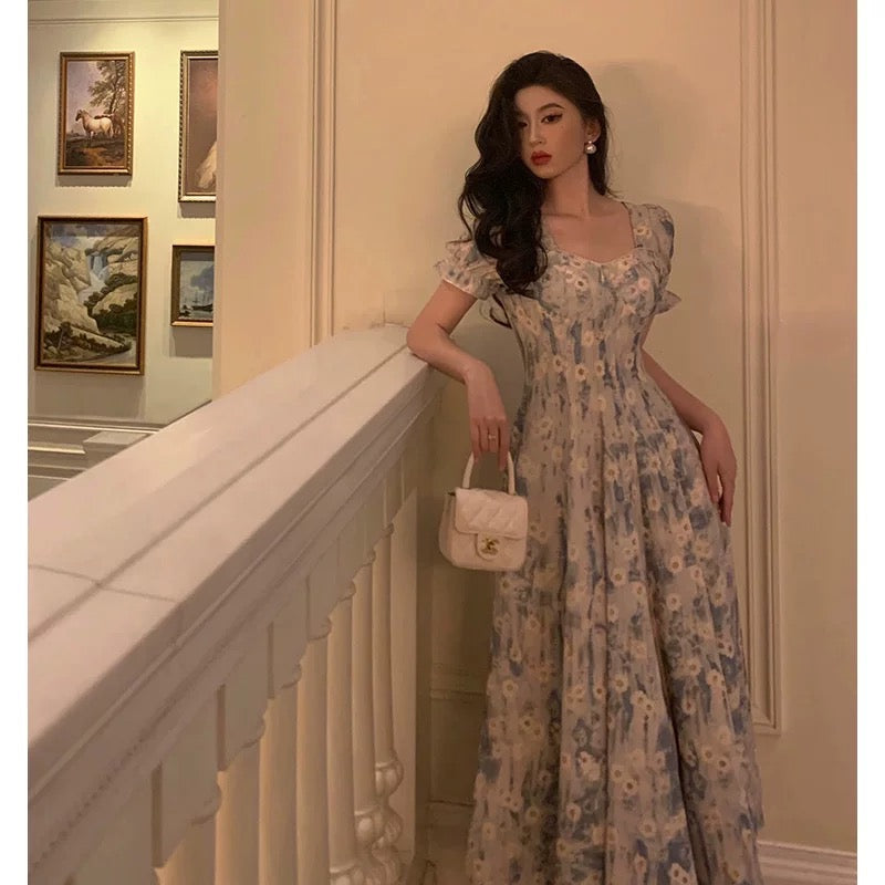 Classy A-Line Square neckline Blue Chiffon Long Prom Dresses Birthday Outfits Evening Gown - View 3 | FashionDia