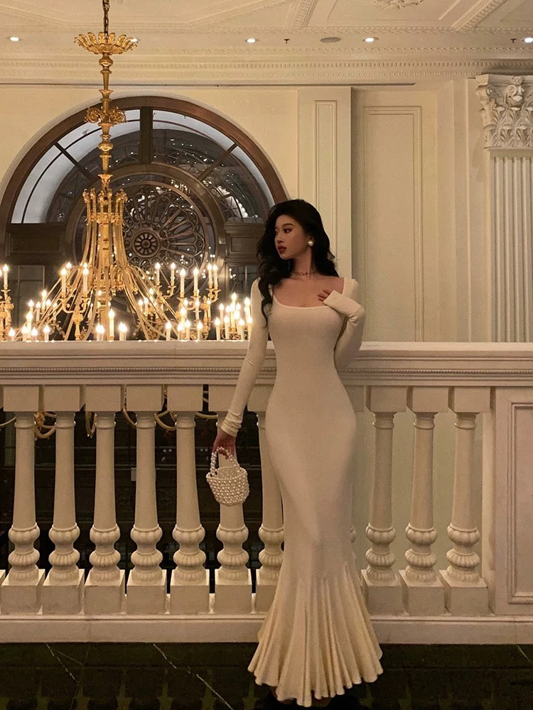 Sexy Sheath Square Neckline Ivory Long Prom Dresses Birthday Outfits Evening Gown