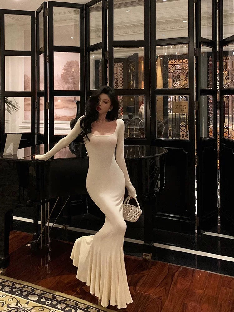 Sexy Sheath Square Neckline Ivory Long Prom Dresses Birthday Outfits Evening Gown