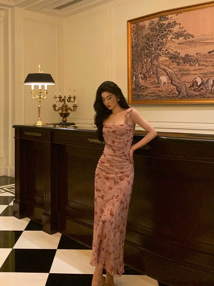 Sexy Sheath Square Neckline Floral Pink Prom Dresses Birthday Outfits Evening Gown - FashionDia