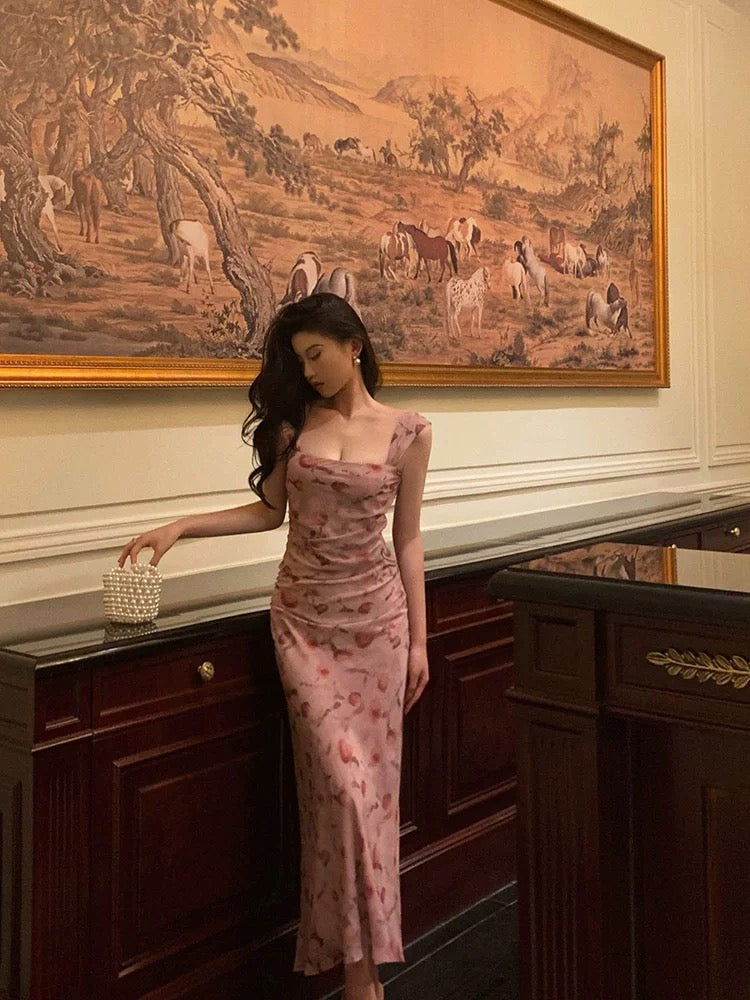 Sexy Sheath Square Neckline Floral Pink Prom Dresses Birthday Outfits Evening Gown - View 4 | FashionDia