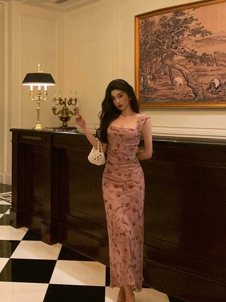 Sexy Sheath Square Neckline Floral Pink Prom Dresses Birthday Outfits Evening Gown - View 5 | FashionDia