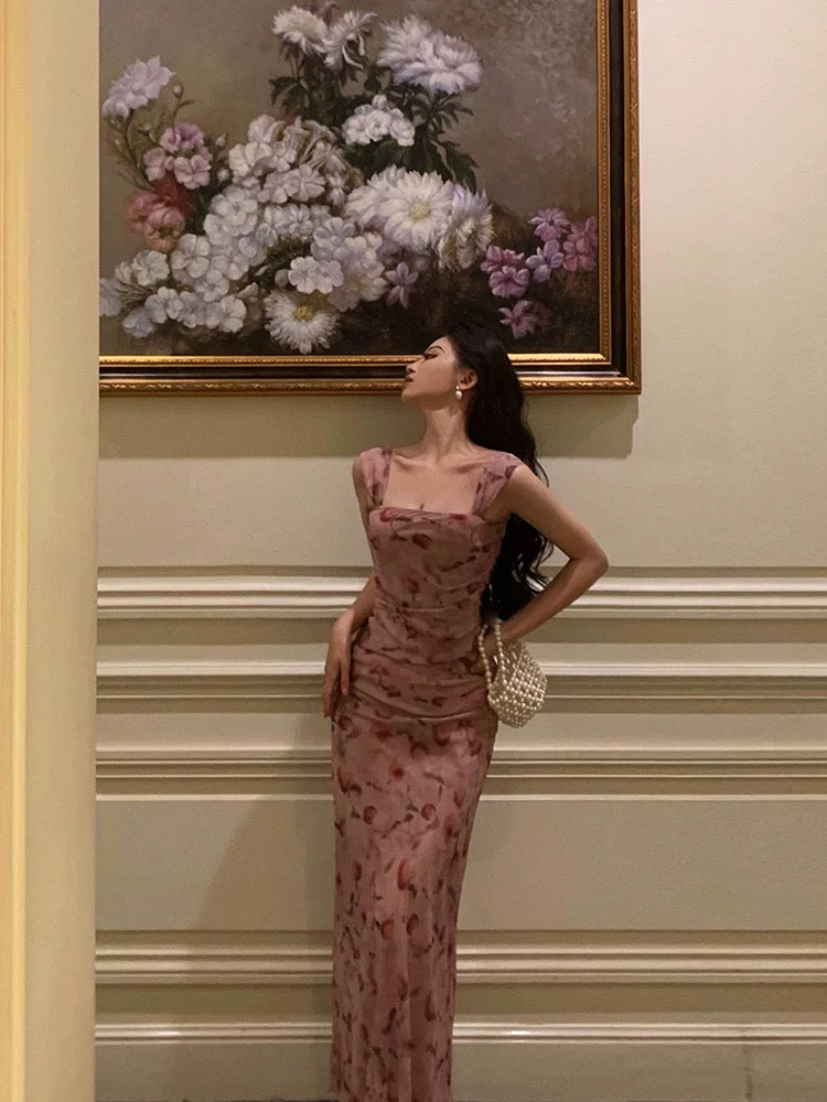 Sexy Sheath Square Neckline Floral Pink Prom Dresses Birthday Outfits Evening Gown - View 3 | FashionDia