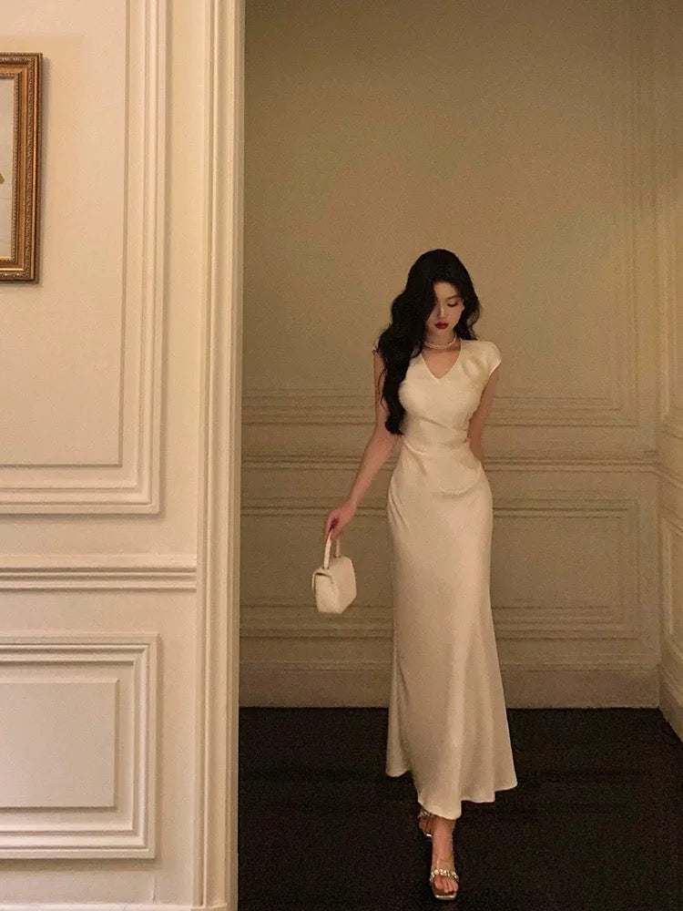 Classy Sheath V Neckline Ivory Satin Prom Dresses Birthday Outfits Evening Gown - View 5 | FashionDia