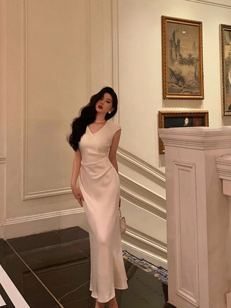 Classy Sheath V Neckline Ivory Satin Prom Dresses Birthday Outfits Evening Gown - View 2 | FashionDia