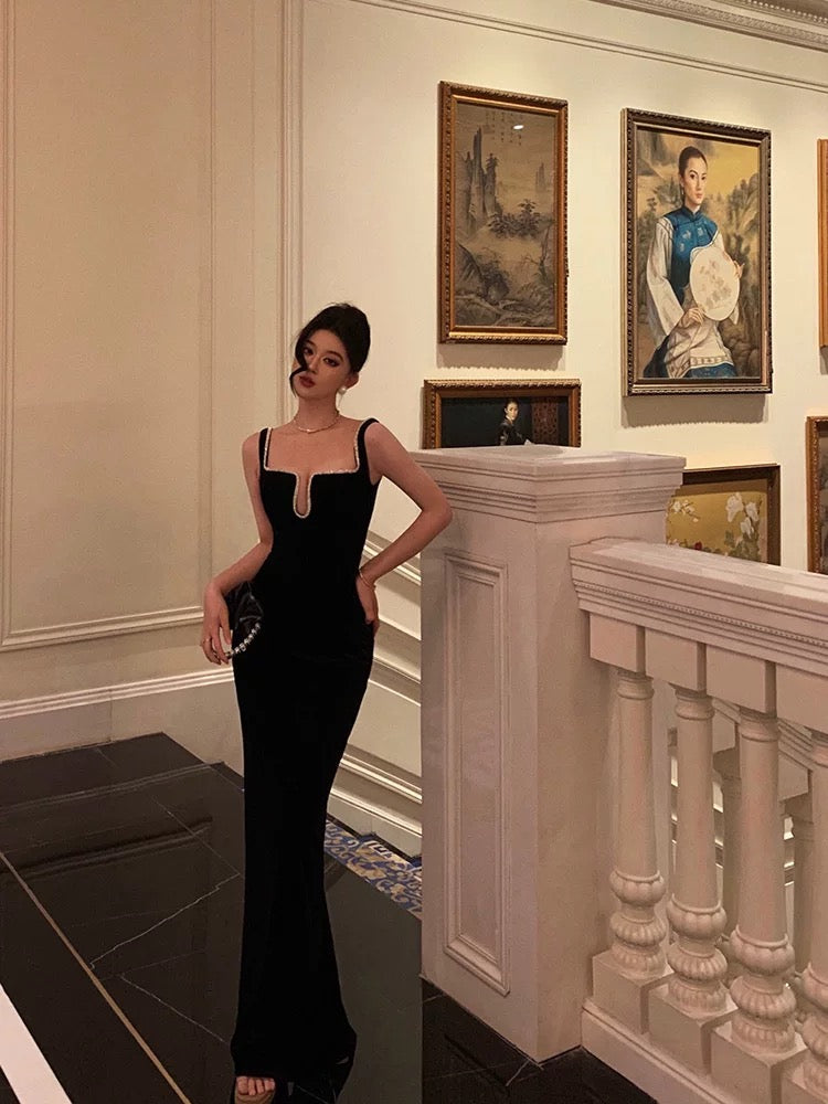 Gorgeous Mermaid Square Neckline Black Date Night Dress Long Prom Dresses Birthday Outfits