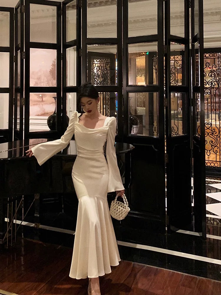 Sexy French Sheath Square Neckline Ivory Long Sleeves Prom Dresses Birthday Outfits Evening Gown - View 3 | FashionDia