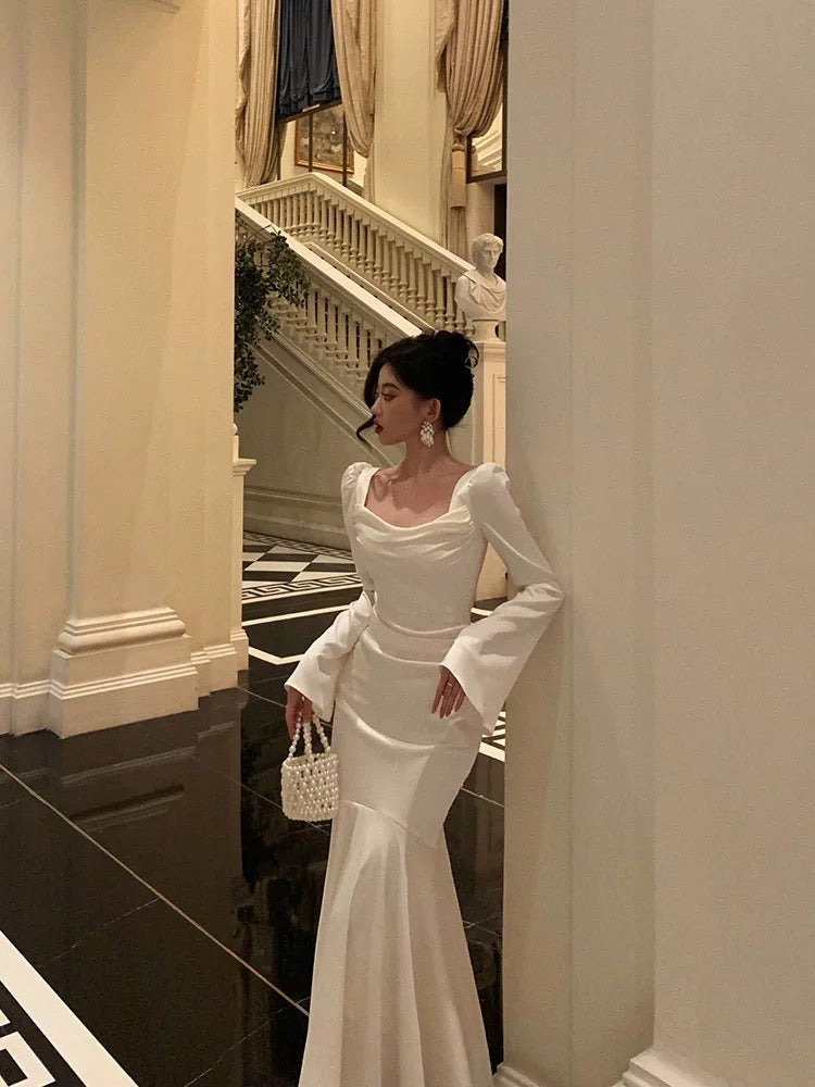 Sexy French Sheath Square Neckline Ivory Long Sleeves Prom Dresses Birthday Outfits Evening Gown - View 4 | FashionDia