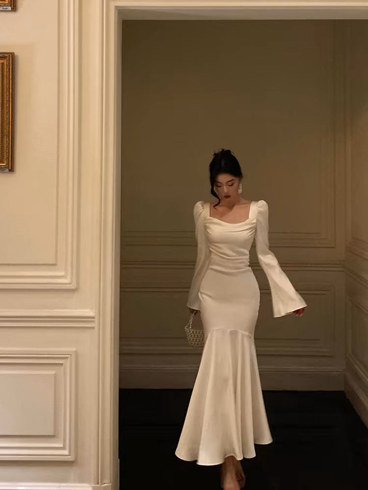 Sexy French Sheath Square Neckline Ivory Long Sleeves Prom Dresses Birthday Outfits Evening Gown - FashionDia