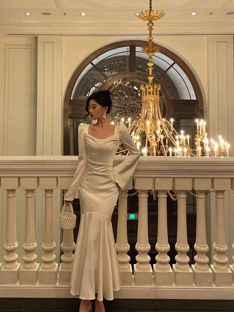 Sexy French Sheath Square Neckline Ivory Long Sleeves Prom Dresses Birthday Outfits Evening Gown - View 5 | FashionDia