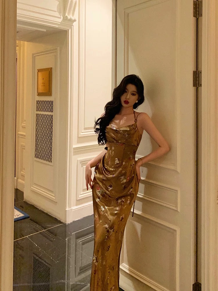 Gorgeous Sheath Straps Gold Satin Date Night Dress Long Prom Dresses Birthday Outfits