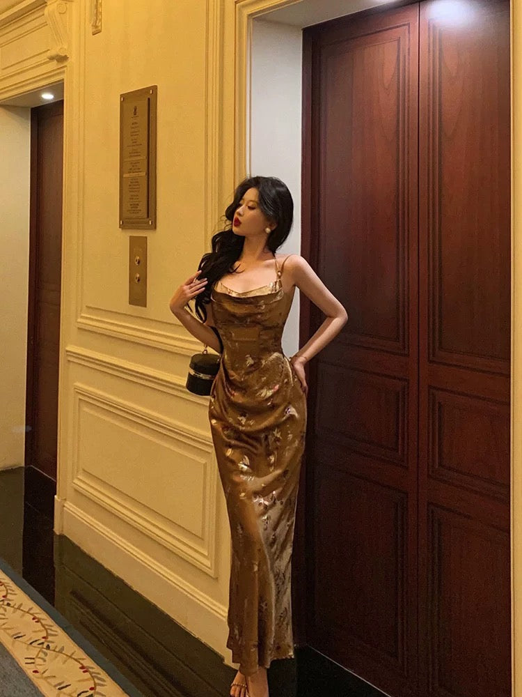 Gorgeous Sheath Straps Gold Satin Date Night Dress Long Prom Dresses Birthday Outfits