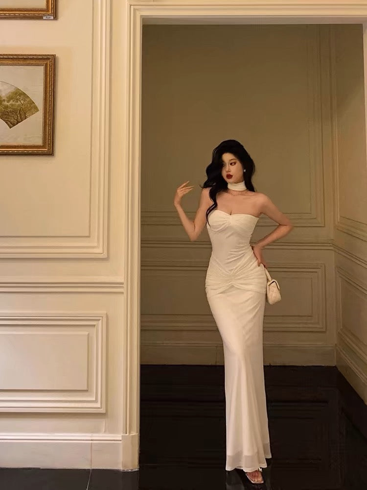 Classy Sheath Strapless Neckline White Prom Dresses Birthday Outfits Evening Gown - FashionDia
