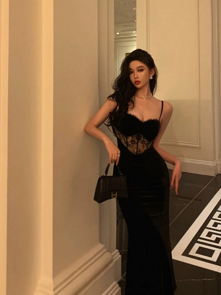 Gorgeous Sheath Spaghetti Straps Black Lace Date Night Dress Long Prom Dresses Birthday Outfits