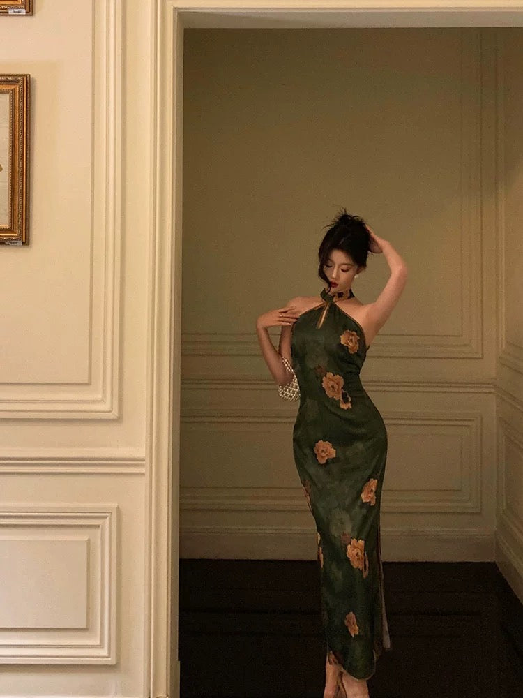 Classy Sheath Halter Green Slit Prom Dresses Birthday Outfits Evening Gown - View 3 | FashionDia