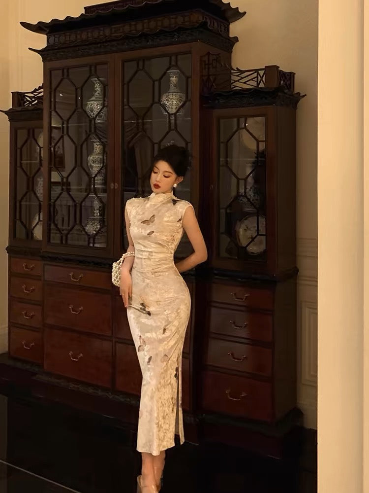 Classy Sheath High Neckline Velvet Flora Prom Dresses Birthday Outfits Evening Gown