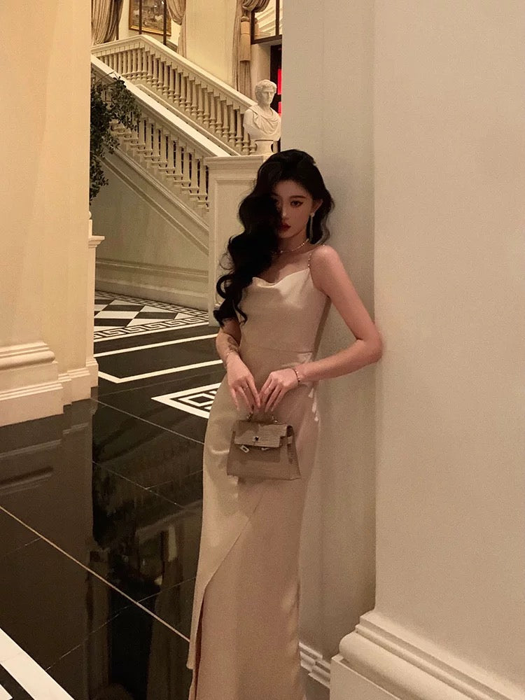 Gorgeous Mermaid Spaghetti Straps Champagne Slit Date Night Dress Prom Dresses Birthday Outfits - View 3 | FashionDia