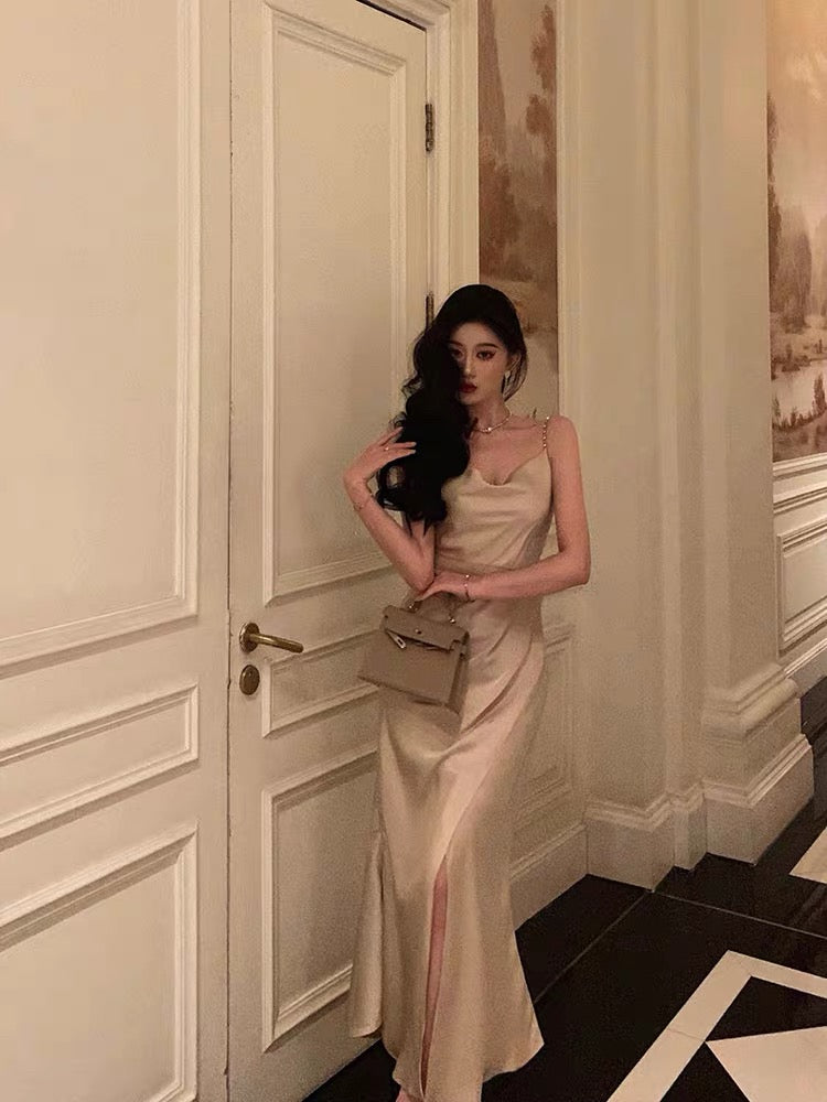 Gorgeous Mermaid Spaghetti Straps Champagne Slit Date Night Dress Prom Dresses Birthday Outfits - FashionDia