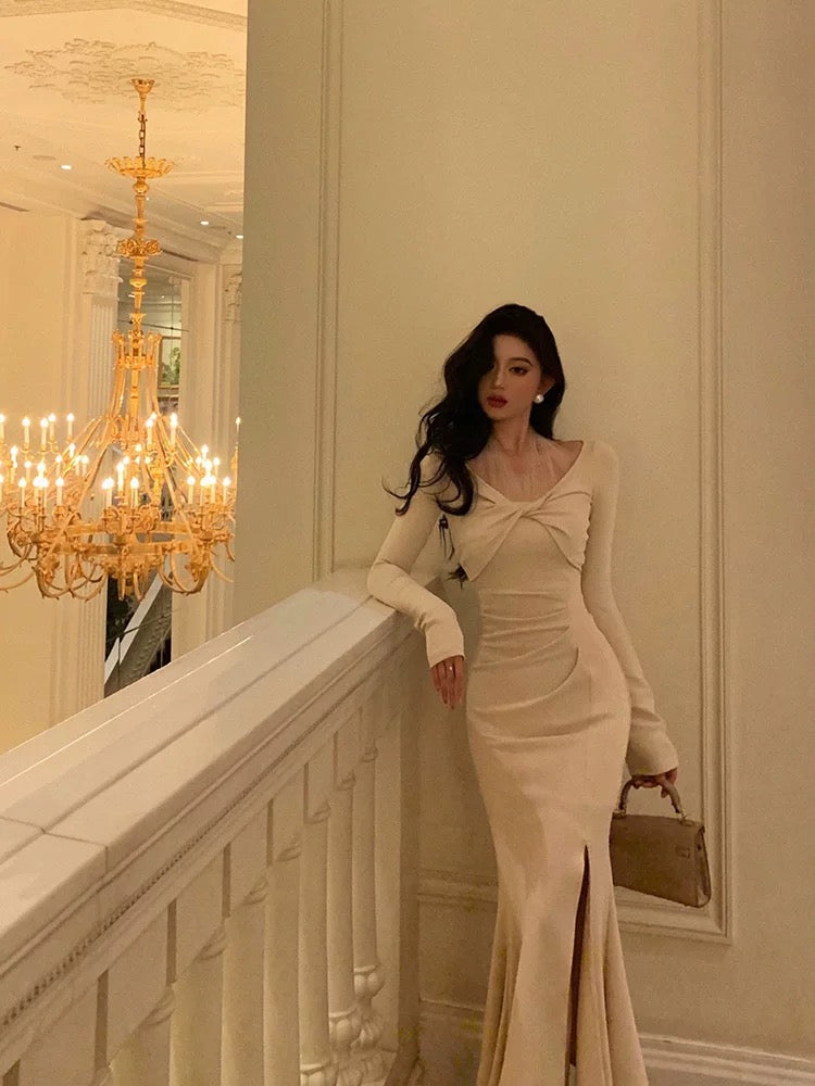 Classy Mermaid Long Sleeves Ivory Slit Prom Dresses Birthday Outfits Evening Gown - View 3 | FashionDia