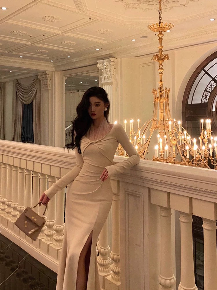 Classy Mermaid Long Sleeves Ivory Slit Prom Dresses Birthday Outfits Evening Gown - View 2 | FashionDia