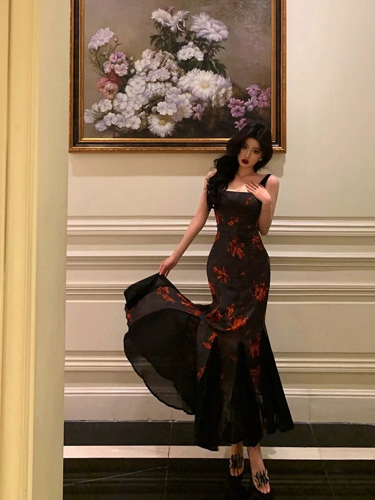Classy Sheath Straps Black Floral Prom Dresses Birthday Outfits Evening Gown - View 3 | FashionDia
