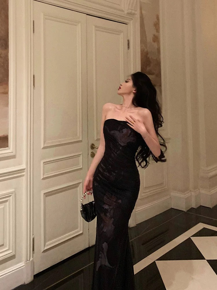 Classy Sheath Strapless Black Floral Prom Dresses Birthday Outfits Evening Gown - View 3 | FashionDia