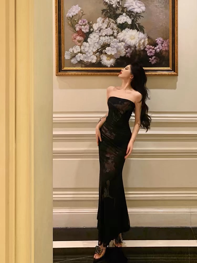 Classy Sheath Strapless Black Floral Prom Dresses Birthday Outfits Evening Gown - FashionDia