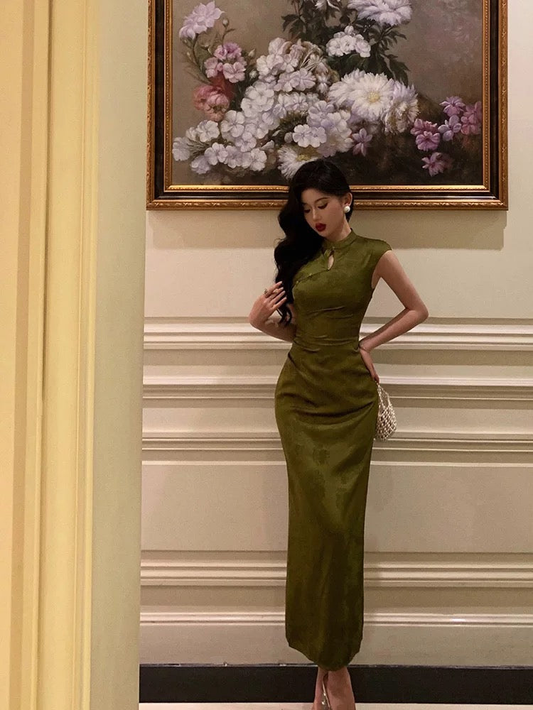 Gorgeous Mermaid High Neckline Green Satin Floral Date Night Dress Long Prom Dresses Birthday Outfits - FashionDia